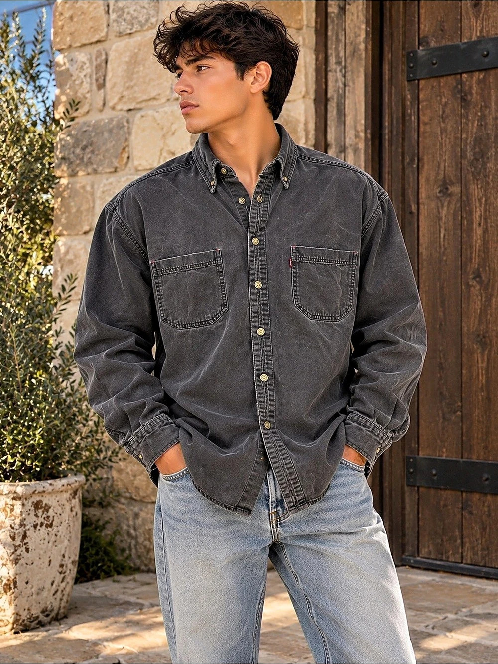 Vintage Levi's Red Tab 100% Cotton Washed Black/ Charcoal Denim Button-Up